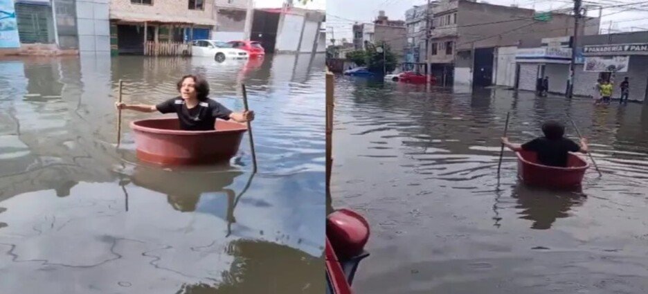 Joven se viraliza por llevar comida en una tina tras inundación en Neza