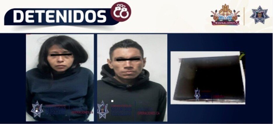 Detienen a pareja por robar una pantalla de hotel en Neza